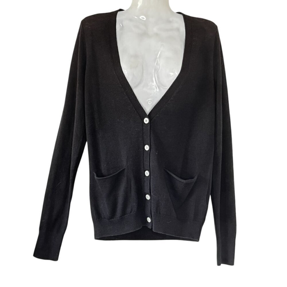 Fat Face Wool Blend Grandpa Cardigan Black 2 Pockets Grandma Women's Size 8